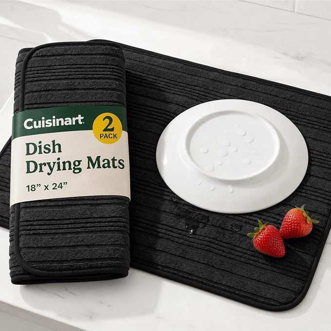 Cuisinart Dish Drying Mat for Kitchen Counter - 2-Pack XL 18x24 Ultra Absorbent Microfiber Dish Mat - Fast Drying, Machine Washable, Foldable Countertop Pad - Safe for Granite & Quartz