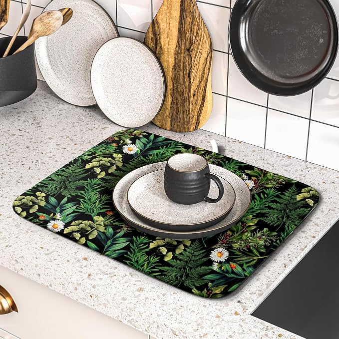 Green Botanical Dish Drying Mat 16x18 Inch Plant Leaf Fast Dry Dish Drainer Rack Mats Absorbent Microfiber Protector for Countertops Sinks