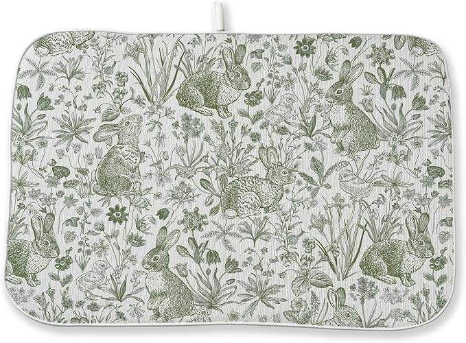 Easter Dish Drying Mat 18 x 24 Inch Sage Green Bunny Floral Drying Mat for Kitchen Counter Absorbent Sage Green Wildflowers Botanical Spring Dishes Dry Pad for Drainer Rack Kitchen Fast Dry