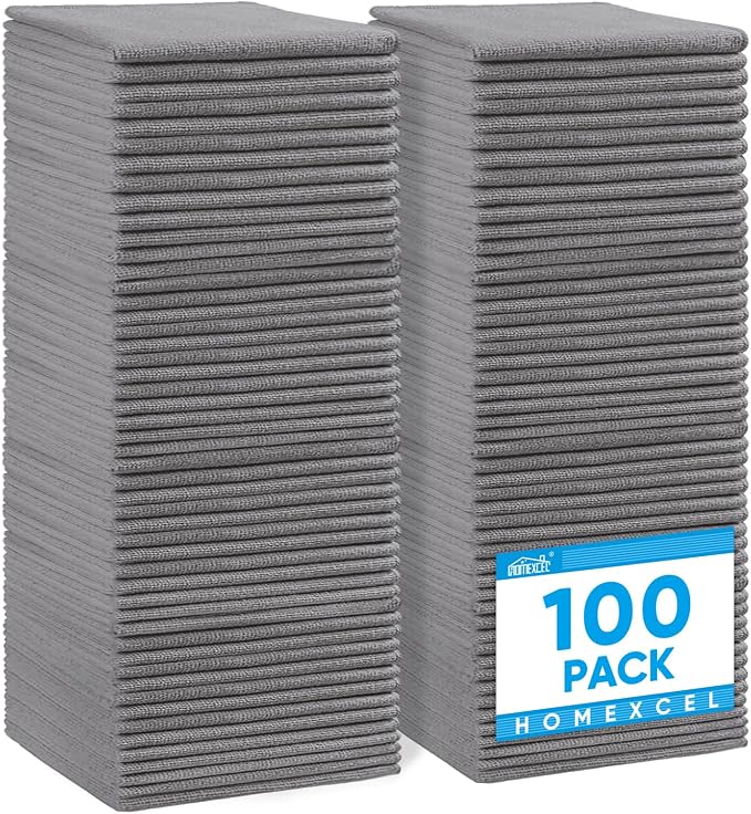 HOMEXCEL 100PK Microfiber Cleaning Cloth, Cleaning Rag for Home, 11.5x11.5 | Reusable, Lint Free, Scratch-Free and Highly Absorbent Towels for Kitchen, Window and Glass, Cars, Grey