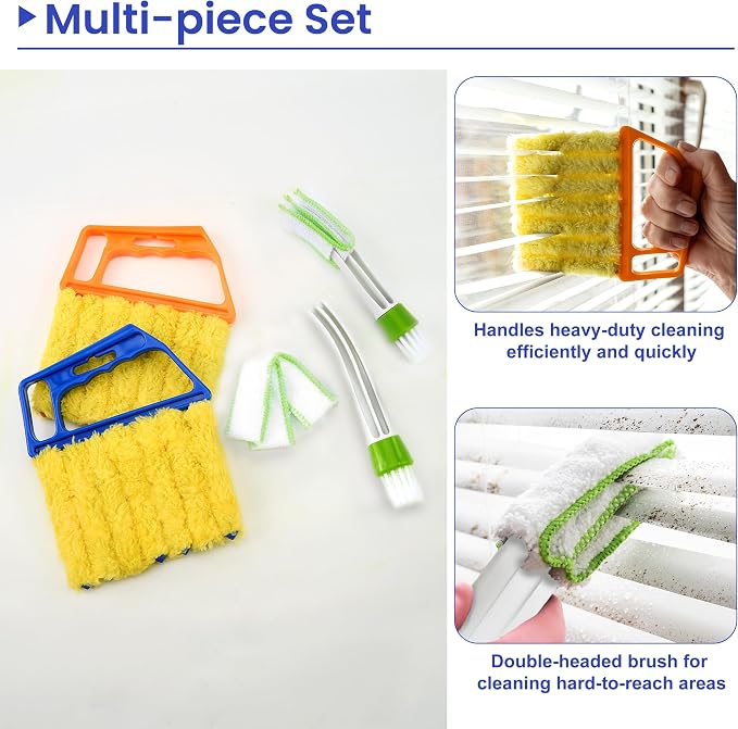 Blind Cleaner Duster Tool - 2 Pcs 7 Fingers Anti-Shedding Window Blind Cleaner Tool and 2 Pcs Air Vent Cleaner, with High-Density Microfiber Fleece and Ergonomic Handle, Detachable and Washable