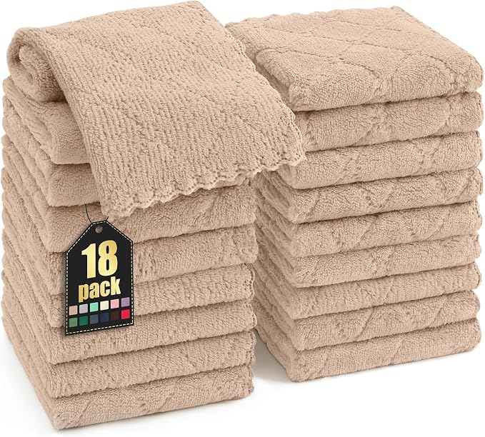 Homaxy 18 Pack Kitchen Dish Cloths (10 x 10 Inches, Tan), Super Soft and Absorbent Coral Velvet Dish Towels, Nonstick Oil Fast Drying Microfiber Cleaning Cloth, No Lint Household Dishcloths