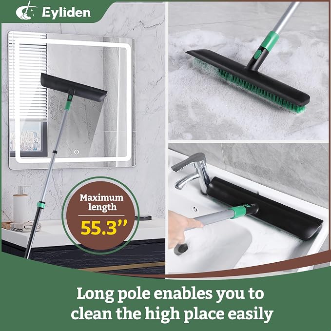 Eyliden Floor Scrub Brush, 15-inch Wide, 55" Long Handle, Deck Scrubber | 2-in-1 Stiff Bristles and Rubber Squeegee, 45° Angle Head, Telescoping Handle, for Bathroom Shower Kitchen Patio Garage