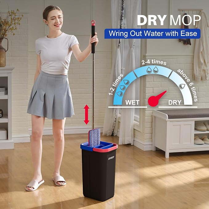 JOYMOOP Flat Mop System, Microfiber Mop and Bucket Set, Black, Household & Commercial Floor Cleaning System for Hardwood, Tile & Glass, Wet Dry Use, 60" Handle, 3 Pads