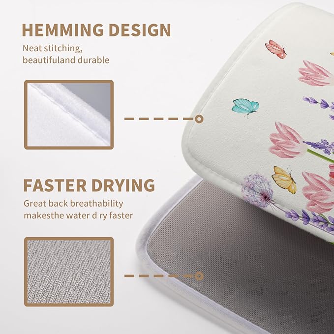 Spring Floral Dish Drying Mat for Kitchen Counter Tulip Lavender Flower Dishes Pad Absorbent Microfiber Dish Draining Mat Washable Dish Drainer Rack Mats Extra Large 18"x24"