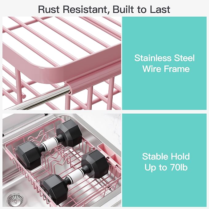 JASIWAY Expandable Stainless Steel Pink Dish Drying Rack Over The Sink for Small Kitchen, Counter Space Saving Compact Plate Drainer Strainer, Adjustable Hanging Metal Dish Dryer with Utensil Holder