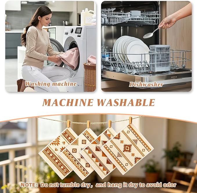 4 PCS Swedish Dishcloths, Western Aztec Vintage Themed Reusable Kitchen Dish Cloths, Super Absorbent Cellulose Sponge Cloths, Odor Resistant, Dishwasher Safe & Multi-Purpose Cleaning Cloths