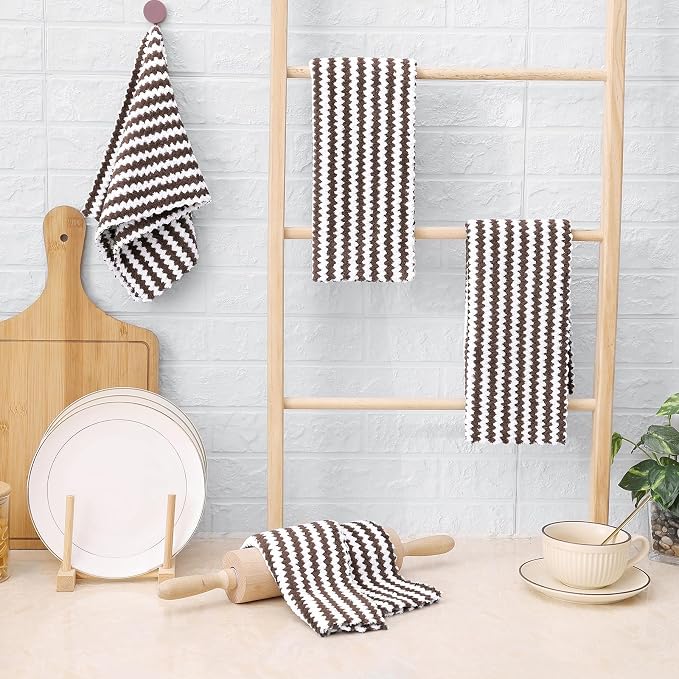 Homaxy 8 Pack Kitchen Towels and Dishcloths Set, 10 x 10 and 10 x 20 Inches, Ultra Soft and Absorbent Coral Velvet Dish Towels, no-lint Reusable Fast Drying Microfiber Cleaning Cloth, Brown