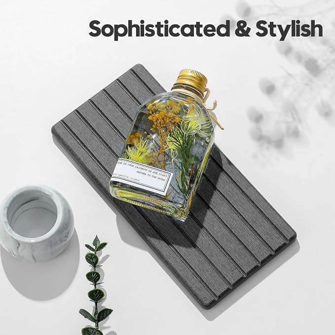 Razborci 2PCS Diatomite Water Absorbing Stone Drying Tray Mat for Bathroom & Kitchen Counter, Instant Dry Drink Bar Coaster, Vanity Sink Caddy Organizer, Dish Soap Sponge Holder, Dark Gray, 8"x3.8"