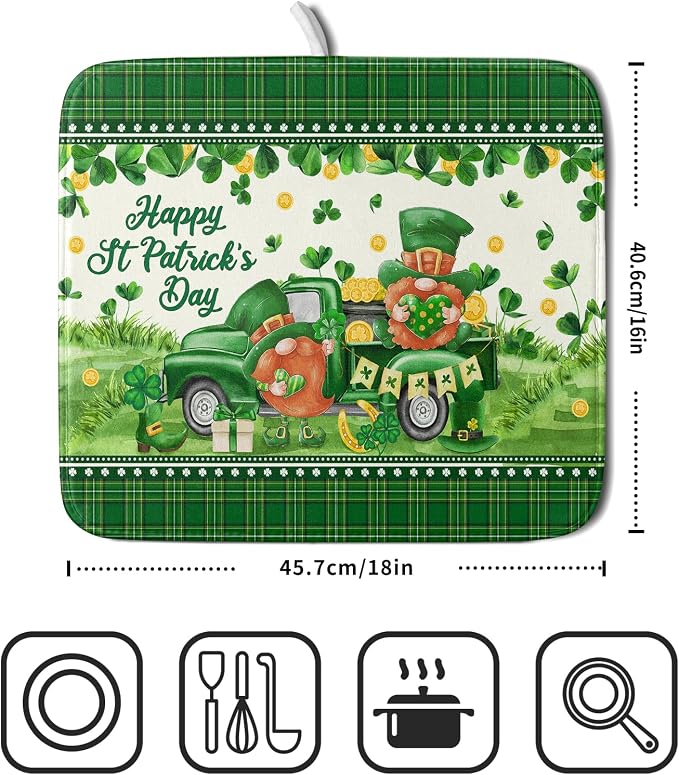 Shamrock Truck Dish Drying Mat Buffalo Check Dish Drainer Mat 16x18 inch Reversible Microfiber Quick Dry Rack Pad for Kitchen Counter Sink