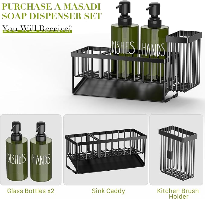 MASADI Kitchen Dish Soap Dispenser Set with Sponge Holder, 12OZ Glass Bottle, Hand and Dish Soap Dispenser Set, Non-Slip Silicone Pad, Brush Holder, Kitchen Sink Organizer Countertop (Black+Green)