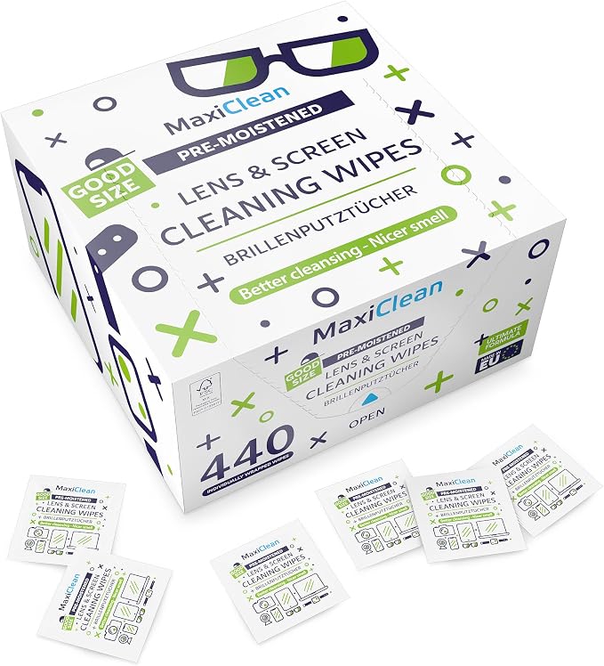 MAXI CLEAN 440 Pack Lens Wipes for Eyeglasses Pre-Moistened, Individually Wrapped Streak-Free Cleaning for Glasses & Laptop Screens, Glasses Cleaner Wipe Bulk 5.5 x 4.7 Inch, Sunglasses & Phone Wipe