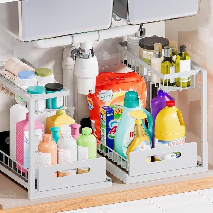 Under Sink Organizer and Storage 2 Pack, Slide Out Cabinet Organizer, Pull Out Sink Shelf for Kitchen Bathroom Laundry, White