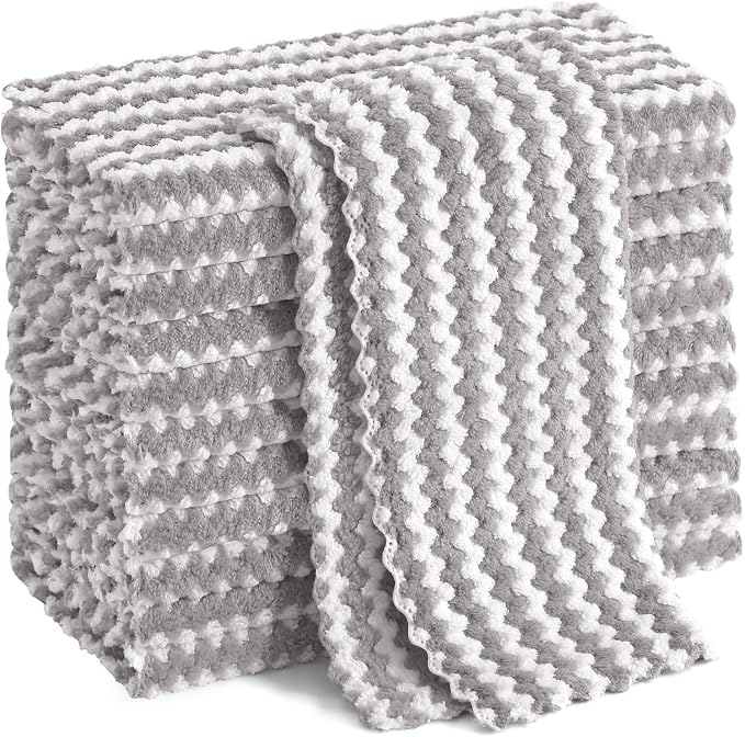 Homaxy 12 Pack Kitchen Dish Cloths, Ultra Soft and Absorbent Dish Towels, Reusable Fast Drying Microfiber Cleaning Cloth, Coral Velvet Wave Design No-lint, 10 x 10 inches, Grey