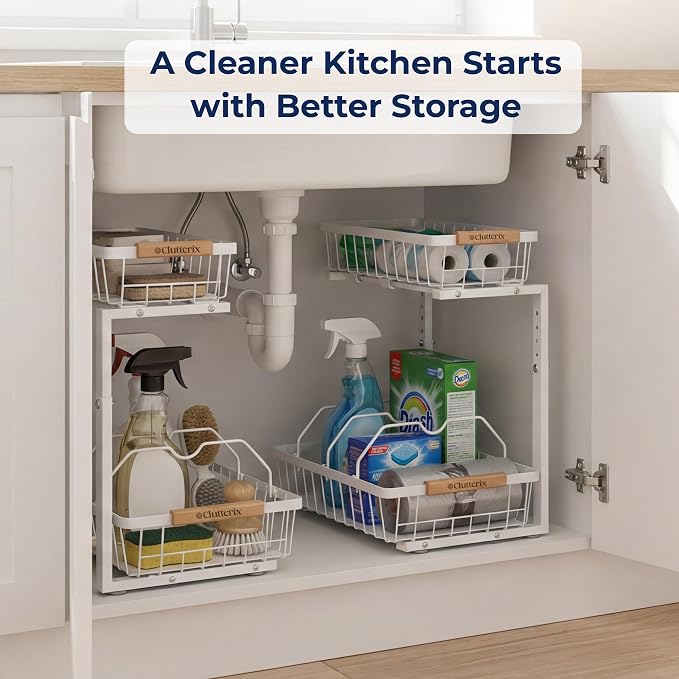 Under Sink Organizer with Motion-Activated LED Lights, 2 Pack, 2 Tier Sliding L-Shaped Carbon Steel Rack with Adjustable Height, Dividers & Hooks (White)