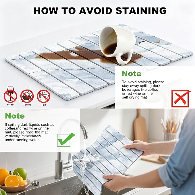 Stone Drying Mat for Kitchen Counter, Quick Diatomaceous Earth Mats for Dishes, 24"L x 16" W Super Absorbent Fast-Drying Collapsible Countertop Stone Mat (Marble White-09, 24" x 16")