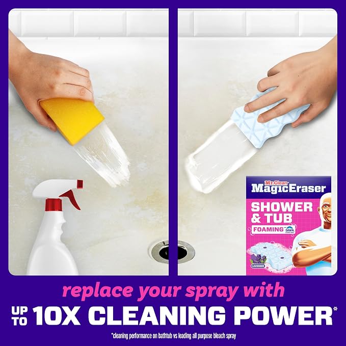 Mr. Clean Magic Eraser Sponge, Bathroom, Shower, Tub Cleaner, Soap Scum Remover, Bathroom Cleaning Supplies, Dawn Cleaning Power with Lavender Scent, Shower & Tub, 6ct