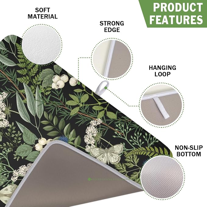 Sage Green Botanical Fruit Dish Drying Mat 16x18 Inch | Butterfly，Polyester，Absorbent Microfiber，for Kitchen Coffee Dining Bar Decor
