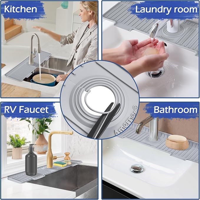 Amerner 20 inch Kitchen Sink Splash Guard, 10° Large Slope & Adaptable Hole Faucet Mat for Kitchen Sink, Silicone Sink Organizer Sponge Holder for Kitchen, Bathroom, RV, Bar, 20” x 5.5”, Gray