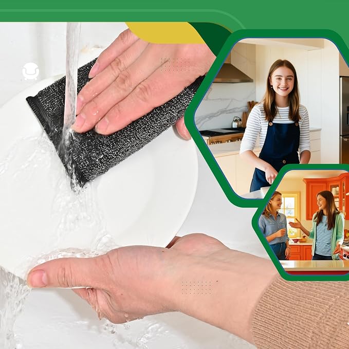 Steel Wool Scrub Sponges, Non Scratch Kitchen Dish Scrubbers | 6 Pack Black Reusable Gentle Cleaning Sponges for Pots, Pans, Cookware, No Scratches on Stainless & Non-Stick Surfaces