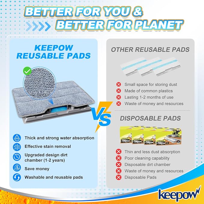 KEEPOW Reusable Mop Replacement Pads Compatible with Shark Vac Mop VM252 | VM180 VM401 VM200P12 VM252P10 VC205 VM190 VM200 QM250 VM250, Microfiber Mop Vac Pads Refills (1+2+4 Pads)