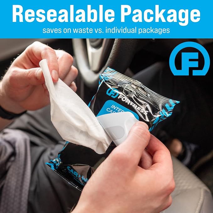 Fortress Car Interior Wipes with Microfiber Cloth (25 ct, Pack of 12) for Car Interior Cleaning, Dashboard, Seats, Detailing, and Steering Wheel [Travel Size] Skin-Safe Car Interior Cleaner Supplies