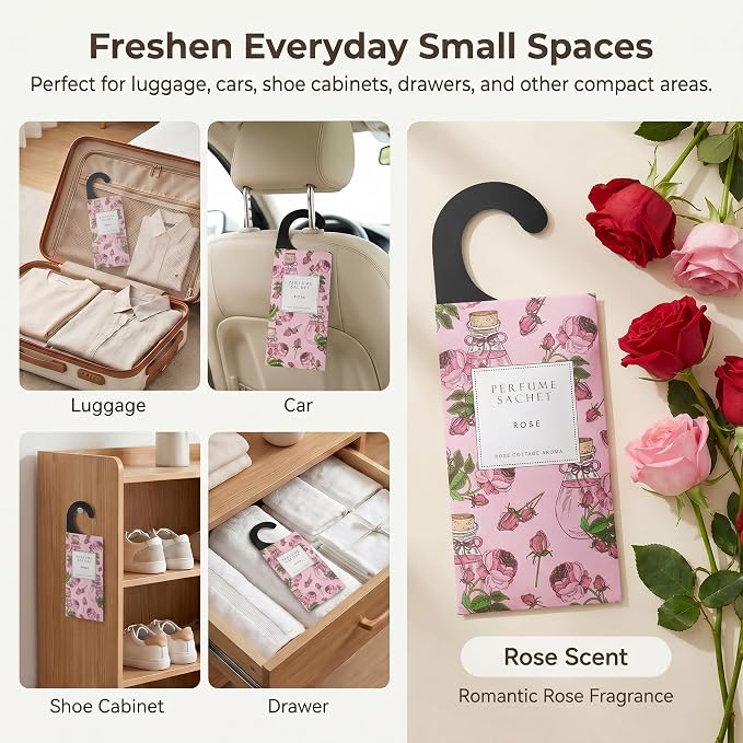 Large 12 Packs Rose Hanging Scented Sachets Long-Lasting Closet Deodorizer Air Freshener Fabric Refresher Odor Eliminator for Drawer Home Fragrance Gift Set