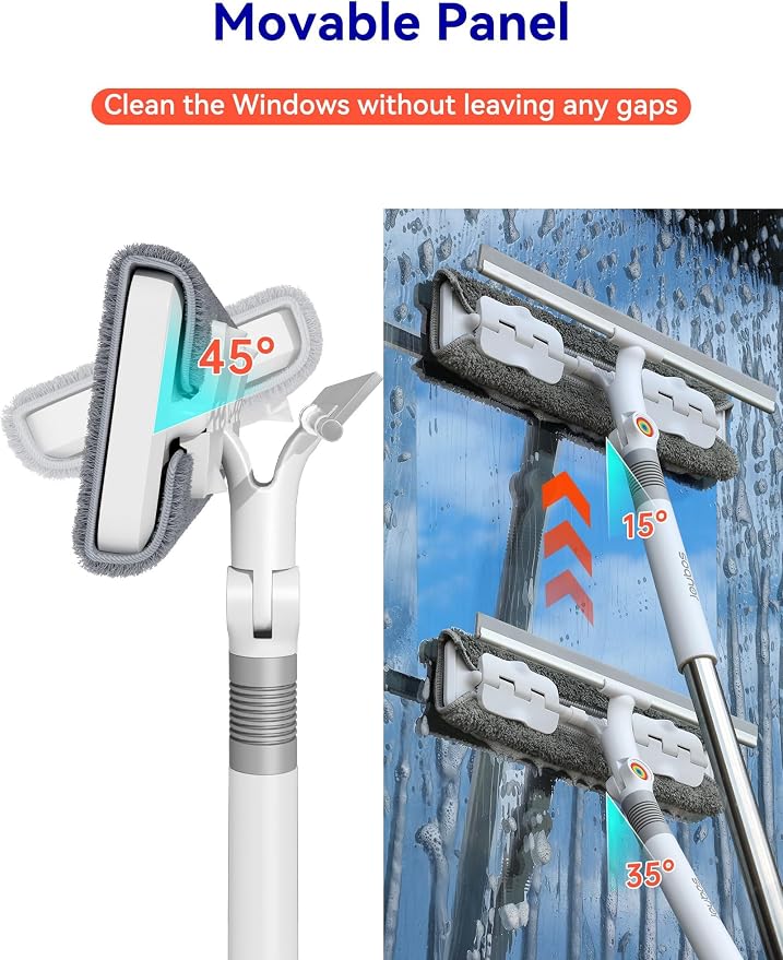 CTIME 80" Professional Window Squeegee Kit with Extension Pole, 5 Cloths | Safe Ladder-Free Reach; Anti-Rust Stainless Steel; 2-in-1 Wash/Dry; Bonus Storage Bag; Durable PP Handle; Streak-Free Finish