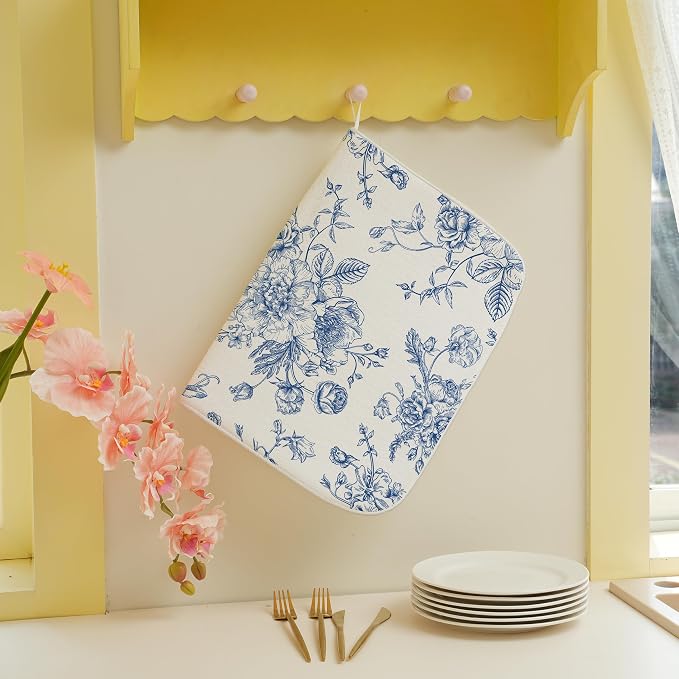 Blue Floral Dish Drying Mats 18x24 Inch Blue and White Chinoiserie Flower Drying Mats Seasonal Vintage Decorative Coffee Bar Mat Absorbent Fast Drying for Kitchen Dining Room Decor