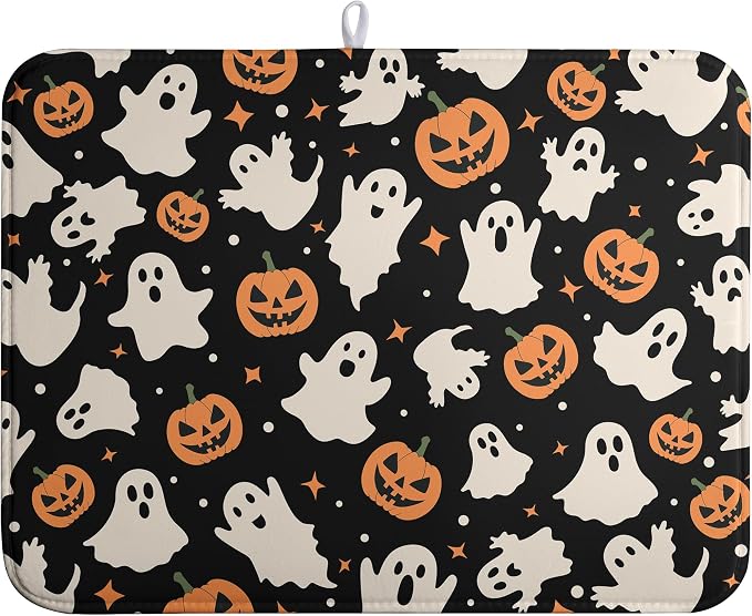 Halloween Dish Drying Mat for Kitchen Counter Pumpkin Spooky Ghosts Fall Dish Mat Absorbent Microfiber Reversible Dish Draining Mat Extra Large Dishes Pad 18 X 24 Inch