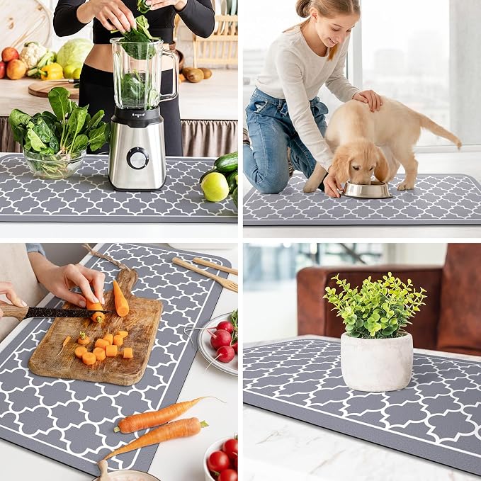 WISELIFE Dish Drying Mat Super Absorbent Drying Mat Large Dish Drying Mats for Kitchen Counter Easy Clean Dish Mat Kitchen Drying Mat18"x 36" Stylish Grey