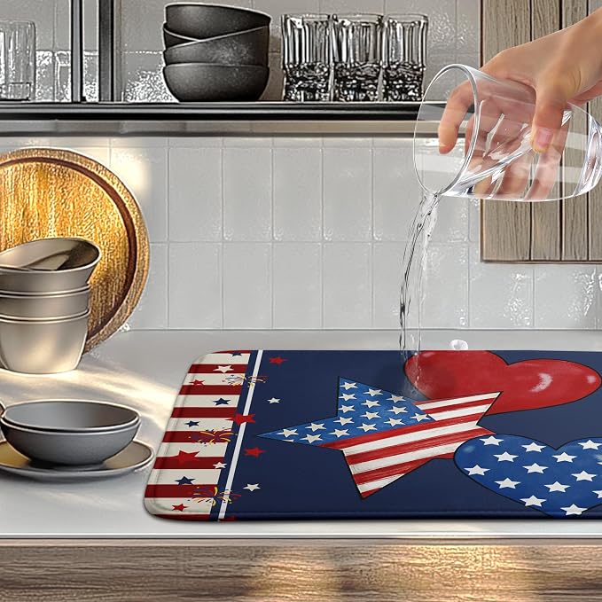 4th of July Star Dish Drying Mats Patriotic Hearts Dish Mat Blue Red Firework Drying Matt Dishes Dryer Pad for Kitchen Counter Absorbent Microfiber Washable Foldable Reusable 18x24 in