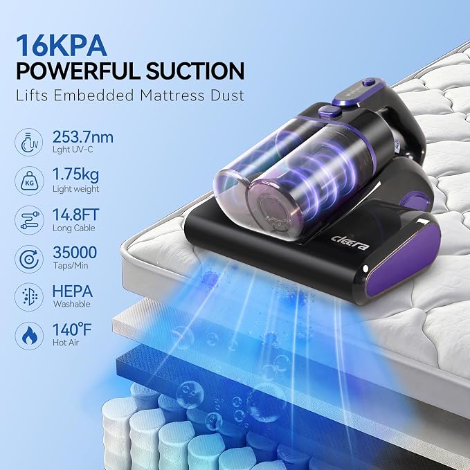 Mattress Vacuum Cleaner, 600W 16KPa Corded Bed Vacuum with 140°F Hot Air & HEPA Filter, Deep Cleaner for Mattress, Sofa, Crib, Dust & Pet Hair