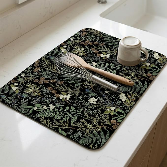 Black Sage Green Plant Dish Drying Mat, Summer Botanical Absorbent Microfiber Pad, Reversible Kitchen Counter Sink Mat for Home Decor