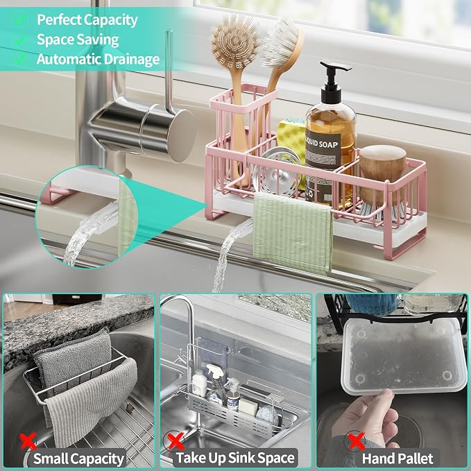HapiRm Sponge Holder for Kitchen Sink - Self-draining Sink Caddy with Brush and Dishcloth Holders, Stainless Steel Kitchen Organizer for Countertop - Pink