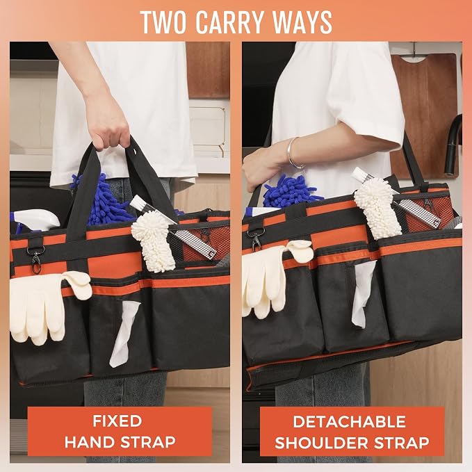 SCAVATA Wearable Cleaning Caddy, Cleaning Caddy Supplies Organizer with Handle & Shoulder Straps for Housekeepers, Under Sink & Car Cleaning Tool Organizers Bag with 4 Foldable Divider (RetroOrange)