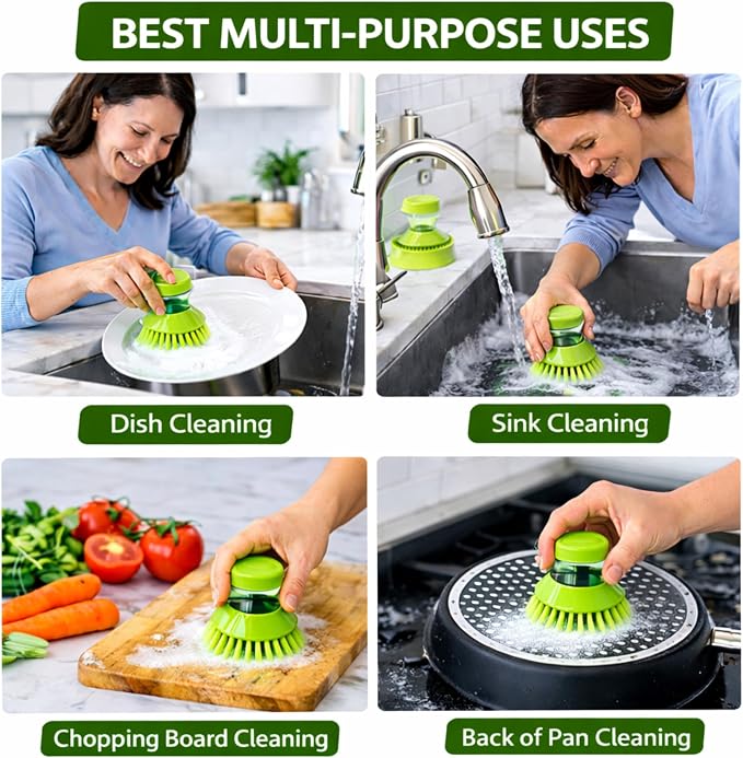 ExlntPro-Upgraded Dish Brush with Soap Dispenser, Kitchen Scrub Brush with Holder & Drain Tray, Refillable Soap Dispensing Dish Scrubber for Pots, Pans & Sink Cleaning