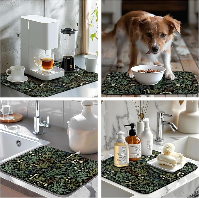 Dish Drying Mat for Kitchen Counter Vintage Green Plant Fern Leaves Floral Drying Mats Absorbent Microfiber Black Dish Drainer Pad Reusable Washable Dish Draining Mats Medium 16x18 Inch