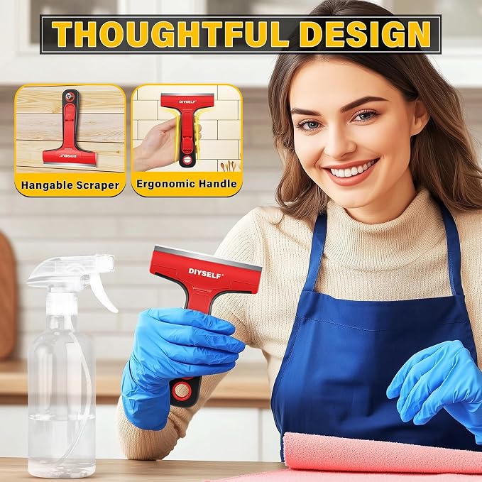 DIYSELF Razor Blade Scraper with 10 PCS 4" Blades, Scraper for Cleaning | Razor Scraper for Cleaning Glass, Window, Stove Top, Oven, Kitchen, Cooktop, Shower Door, Sticky Residue, Wallpaper, Red