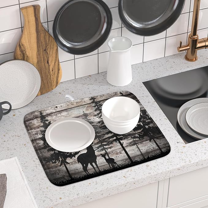 Forest Deer Dish Drying Mat Wildlife Animal Decorative Microfiber Dishes Pad 16x18 Inch Absorbent Reversible Kitchen Counter Drainer Mats