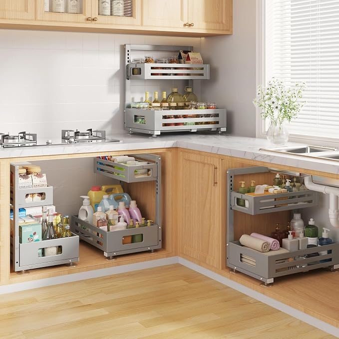 2 Pack Under Sink Organizer,Pull Out Cabinet Organizer With Smooth Cylindrical Rail,Metal Slide Out Drawer for Kitchen Bathroom Laundry Cabinet,8-Level Tool Free Height Adjustable-Gun Gray
