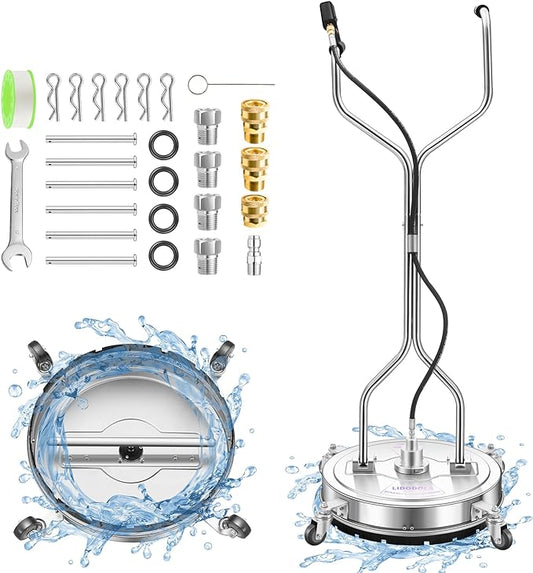 LidoDola 20'' Pressure Washer Surface Cleaner, Power Washer Accessory | Stainless Steel Body, Dual Handles, 4 Replacement Nozzles, Ideal for driveways, decks & patios—clean effortlessly