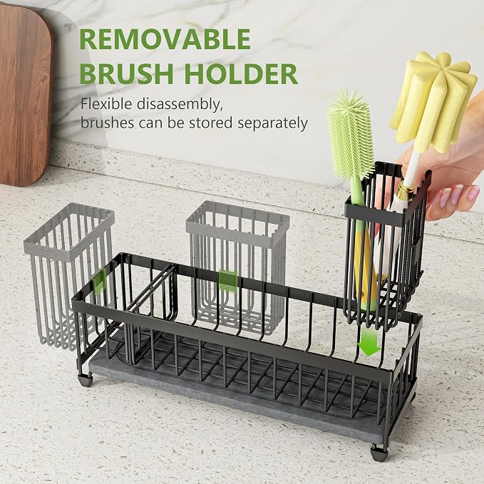 Cisily Extra Large Sink Caddy Organizer with Drying Stone, Black Sponge Holder for Kitchen, Dish Brush Holder for Countertop, Kitchen Decor Storage and Essentials