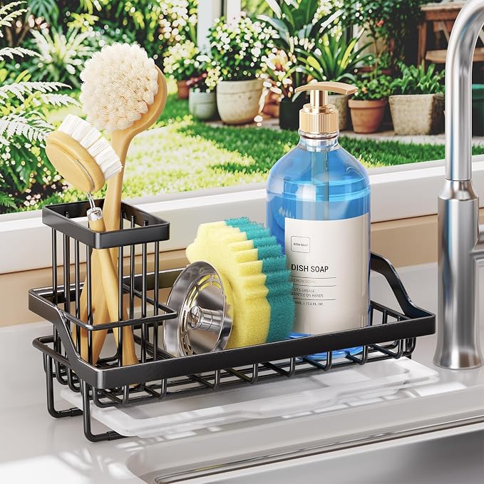 SWTYMIKI Sink Caddy Sponge Holder - Kitchen Sink Organizer with High Brush Holder for Countertop to Hold Dish Soaps and Sponges, Stainless Steel, Black