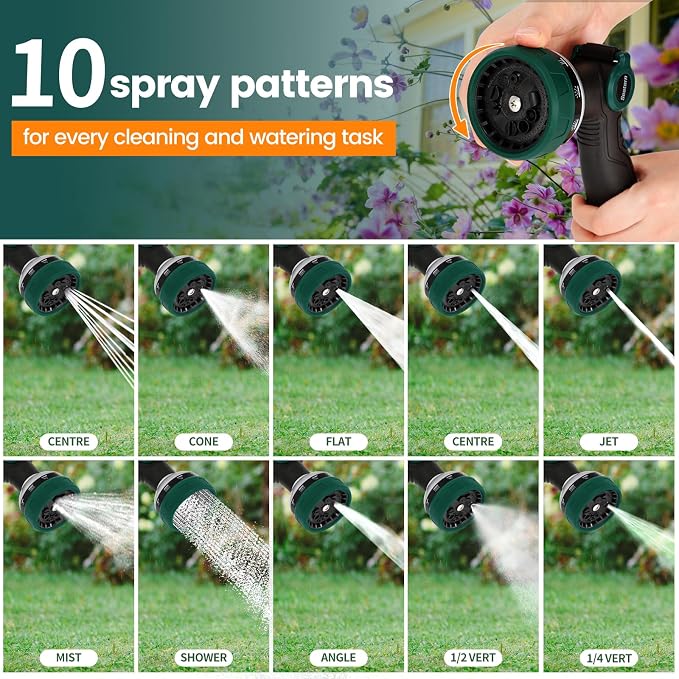 Garden Hose Nozzle, Heavy Duty Hose Sprayer with Thumb Control, 10 Spray Patterns, Reinforced Metal Shell, Comfortable Grip for Lawn, Plants, Car & Pet Washing – Forest Green