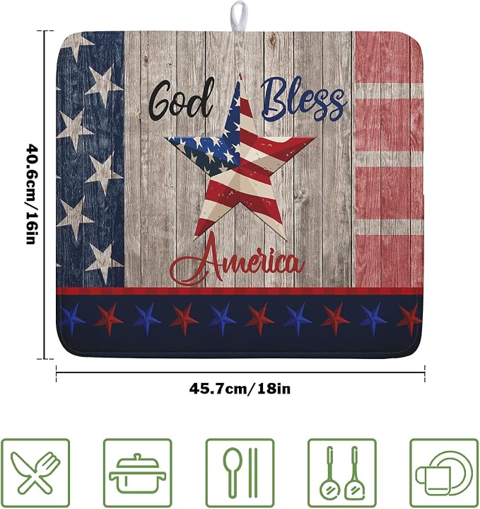 Kawani 4th of July Dish Drying Mat 16x18 Inch Patriotic God Bless America Memorial Kitchen Mats Independence Day Absorbent Dishes Pad for Kitchen Counter USA Star Drying Mat Home Decor for Countertop