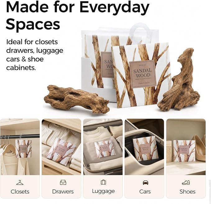 12 Pack Sandalwood Scented Sachets, Air Freshener for Small Spaces | Hanging Sachet Bags with Retractable Hook; Closet Deodorizer & Odor Eliminator for Drawers, Shoe Cabinets, Cars & Luggage