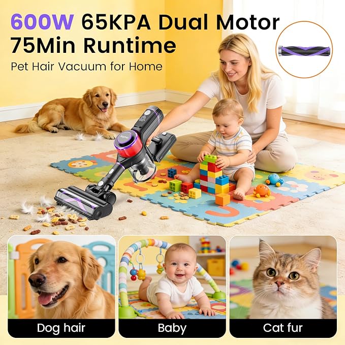 Cordless Vacuum Cleaner, 600W 45KPA Dual Motor Vacuum for Home with AI Auto Suction,70Min Runtime,Stick Vacuums with Self-Standing Design,LED Headlights,for Carpet,Hardwood Floors,Pet Hair,Tile