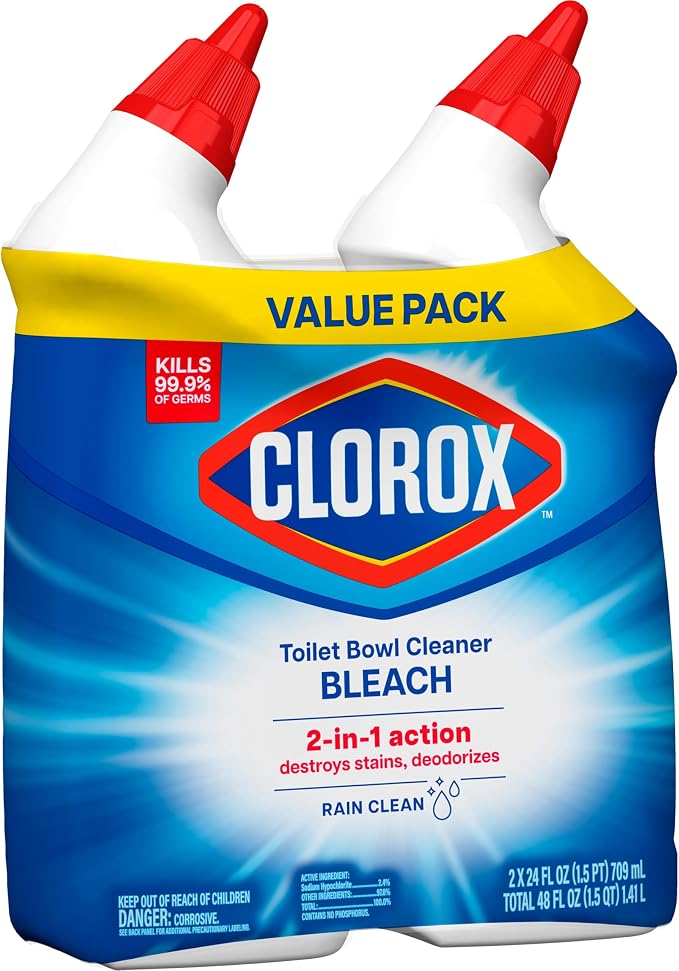 Clorox Toilet Bowl Cleaner with Bleach, Rain Clean Scent, Kills 99.9% of Germs, Removes Toilet Rings and Mold Stains, 24 fl oz, Pack of 2