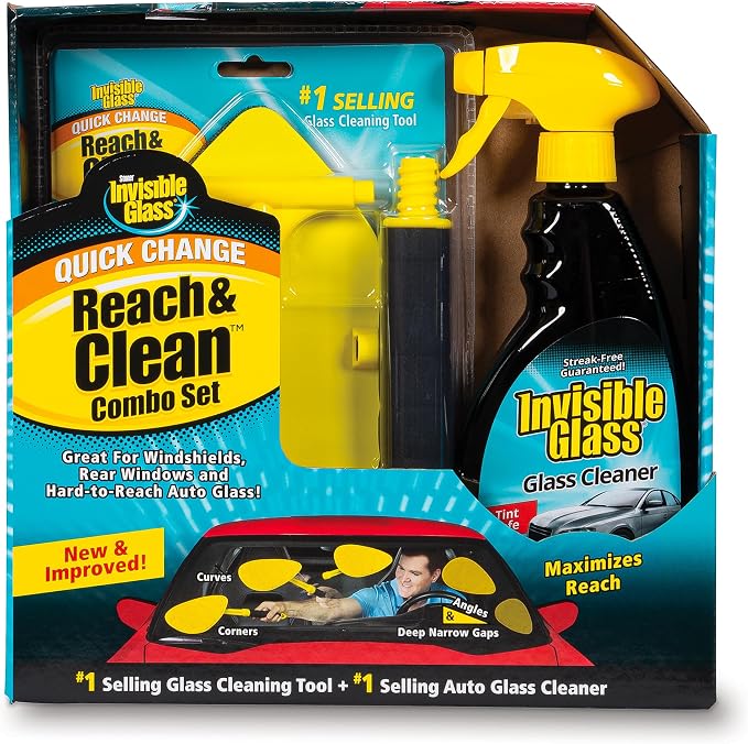 Invisible Glass 99050 Reach & Clean Glass Windshield Cleaner Tool Combo Kit with Premium Spray Glass Cleaner, Extendable Handle, (2) Reusable Quick Change Microfibers, and Storage Bag